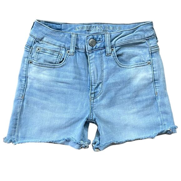 American Eagle Hi-Rise Shortie Jean Shorts Size 4 Denim Raw Hem Stretch Casual - Picture 2 of 6